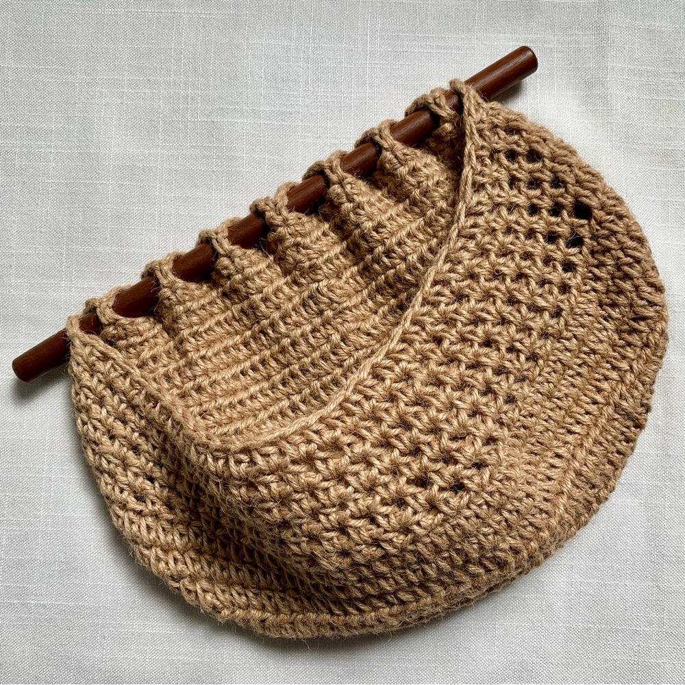 Woven Jute & Wood Hanging Basket Crochet Clutch Bag Camel Tan Boho Cottagecore